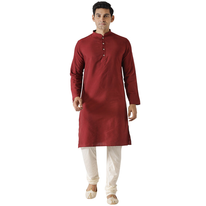 Men Maroon Silk Blend Solid Kurta Churidar Set Elegant Festive Wear | SHOBITAM