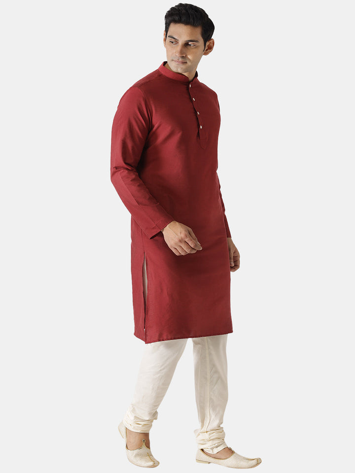Men Maroon Silk Blend Solid Kurta Churidar Set Elegant Festive Wear | SHOBITAM