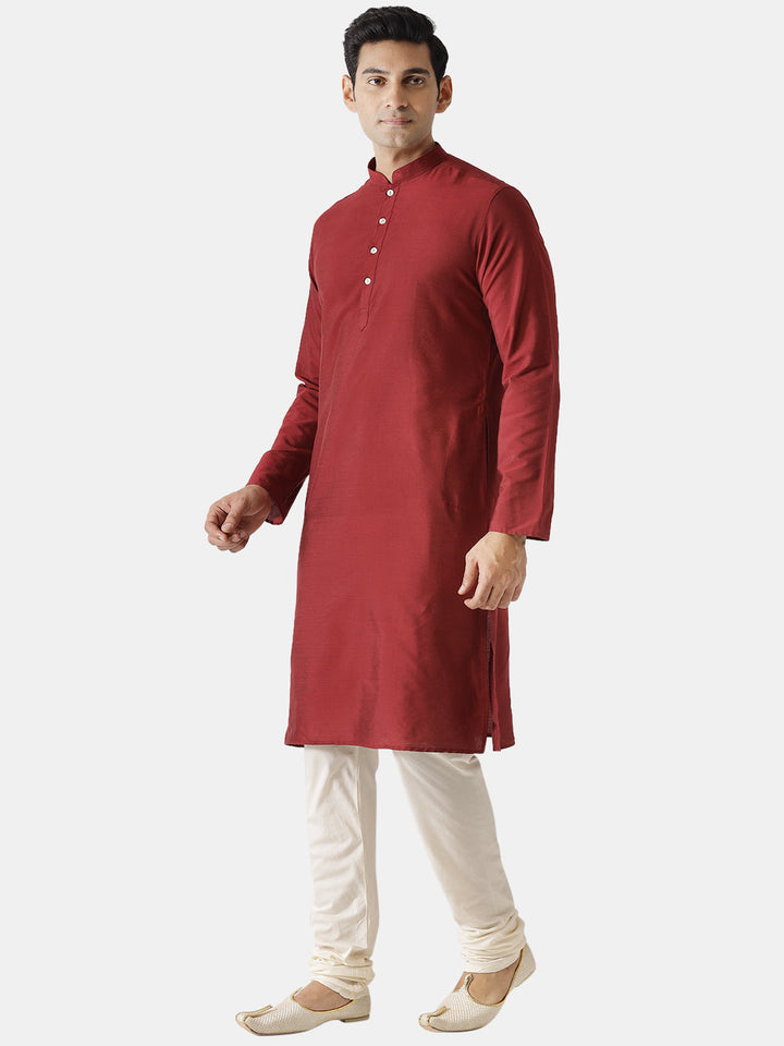 Men Maroon Silk Blend Solid Kurta Churidar Set Elegant Festive Wear | SHOBITAM