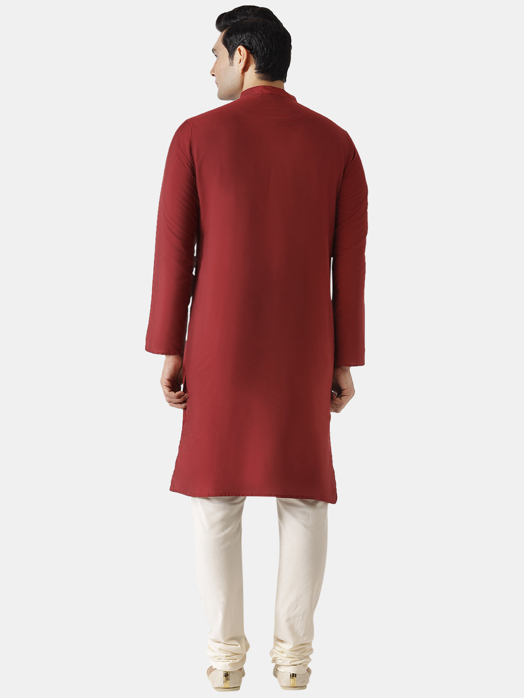 Men Maroon Silk Blend Solid Kurta Churidar Set Elegant Festive Wear | SHOBITAM
