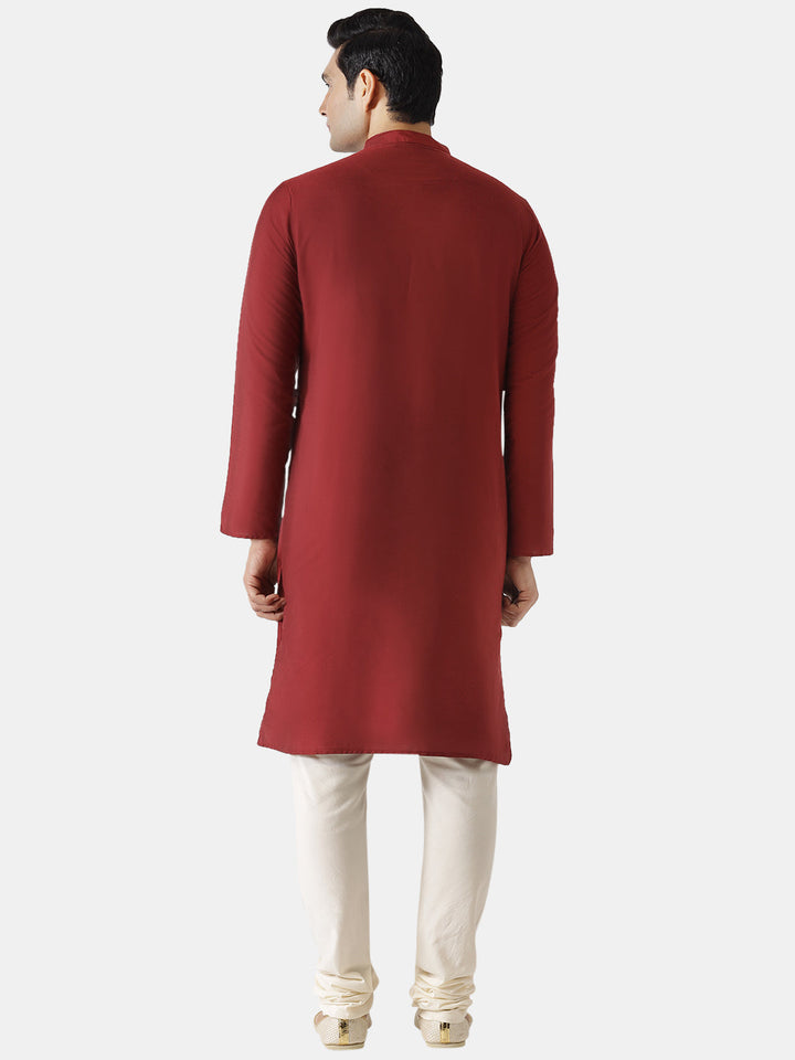Men Maroon Silk Blend Solid Kurta Churidar Set Elegant Festive Wear | SHOBITAM