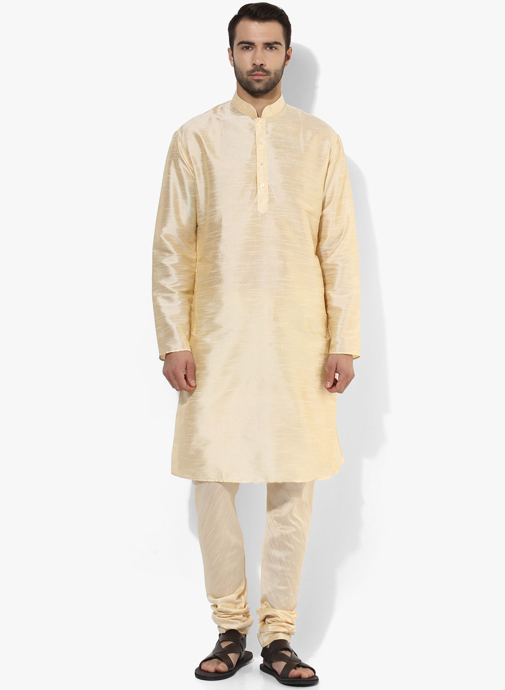 Men Cream Kurta Churidar Set | SHOBITAM