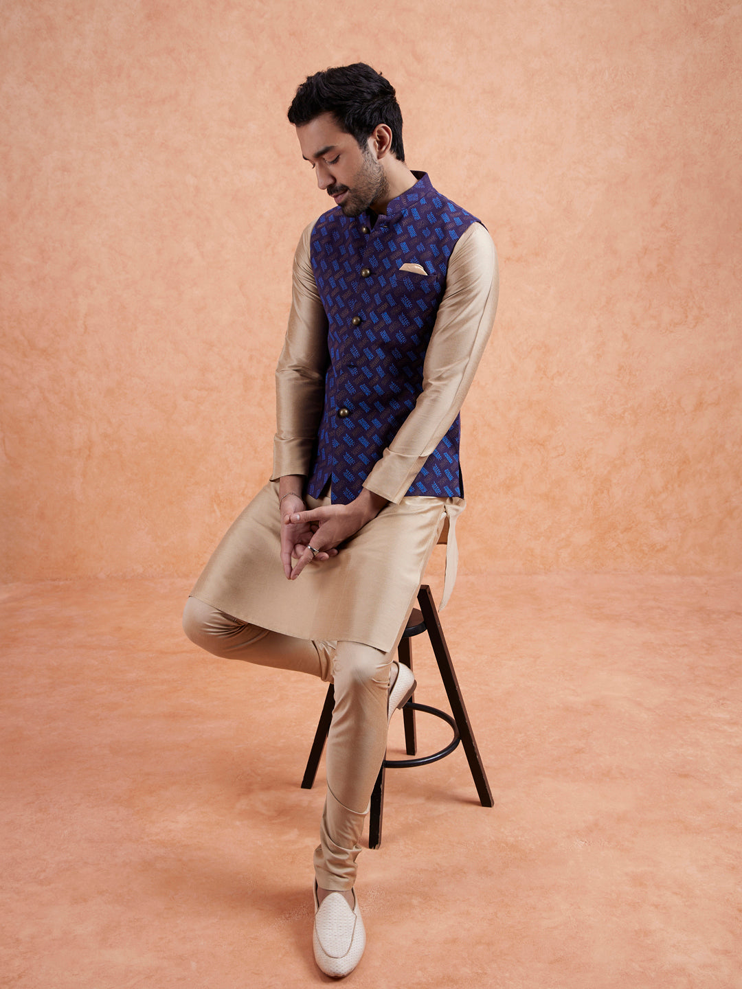 Navy Jacket Beige Kurta Churidar Set | SHOBITAM