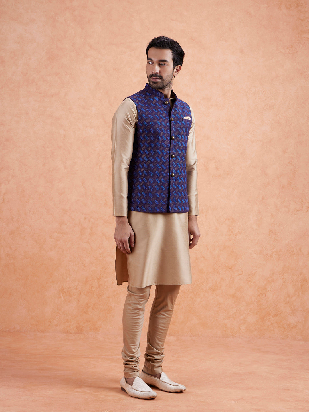 Navy Jacket Beige Kurta Churidar Set | SHOBITAM