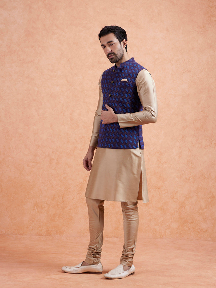 Navy Jacket Beige Kurta Churidar Set | SHOBITAM