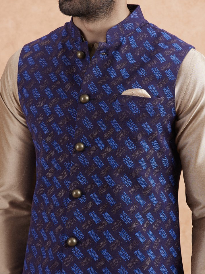 Navy Jacket Beige Kurta Churidar Set | SHOBITAM