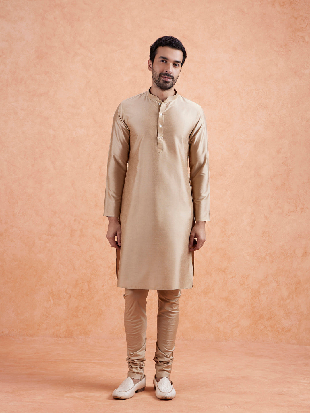 Navy Jacket Beige Kurta Churidar Set | SHOBITAM