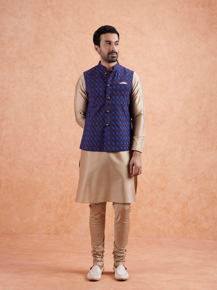 Navy Jacket Beige Kurta Churidar Set | SHOBITAM