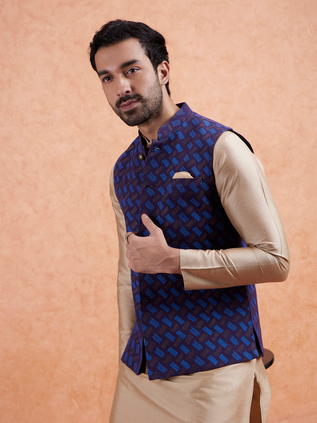 Navy Jacket Beige Kurta Churidar Set | SHOBITAM