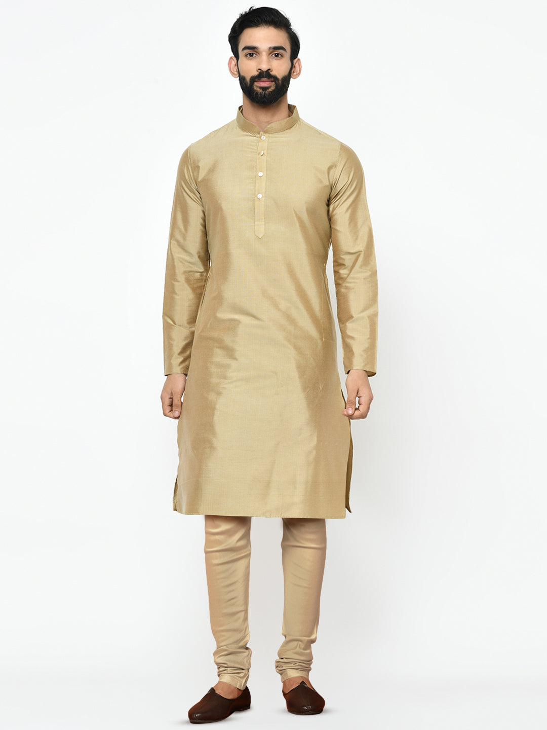 Gold Silk Blend Kurta with Cream Churidar | SHOBITAM