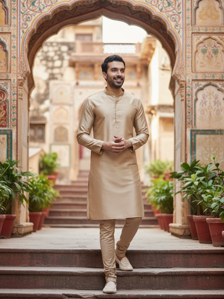 Gold Silk Blend Kurta with Cream Churidar | SHOBITAM