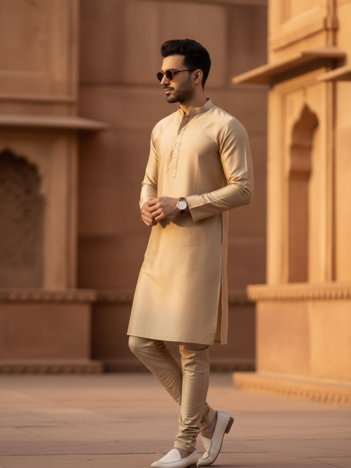 Gold Silk Blend Kurta with Cream Churidar | SHOBITAM