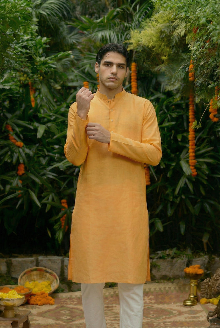 Yellow Silk Blend Solid Long Kurta | SHOBITAM