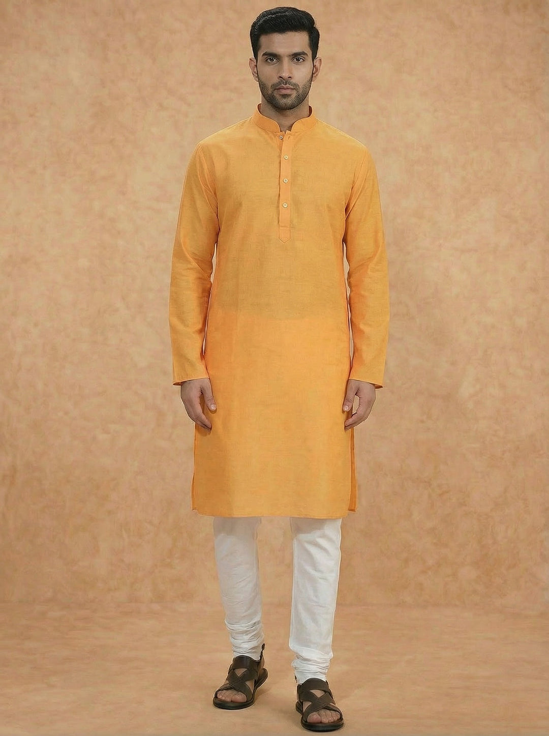 Yellow Silk Blend Solid Long Kurta | SHOBITAM