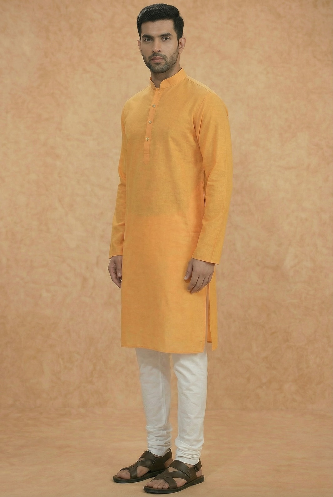 Yellow Silk Blend Solid Long Kurta | SHOBITAM