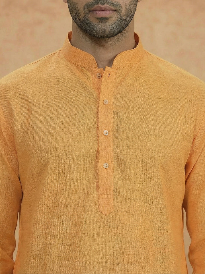 Yellow Silk Blend Solid Long Kurta | SHOBITAM