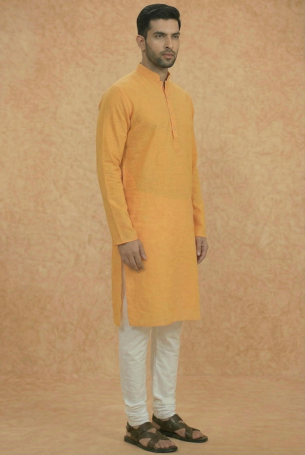 Yellow Silk Blend Solid Long Kurta | SHOBITAM