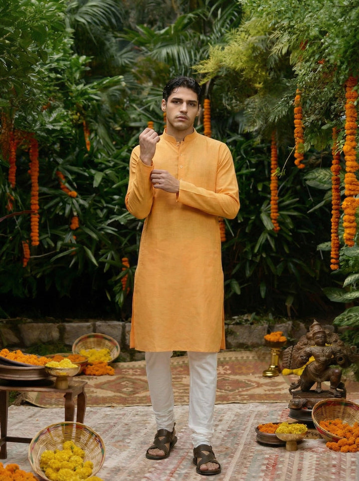 Yellow Silk Blend Solid Long Kurta | SHOBITAM