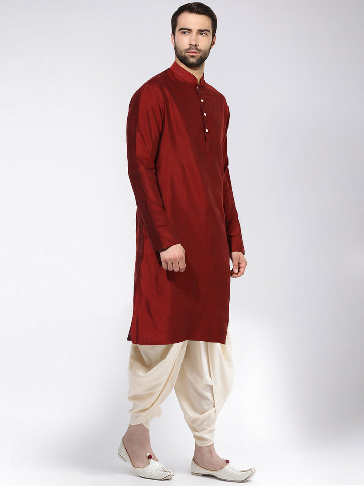 Maroon Silk Blend Solid Long Kurta For Men | SHOBITAM