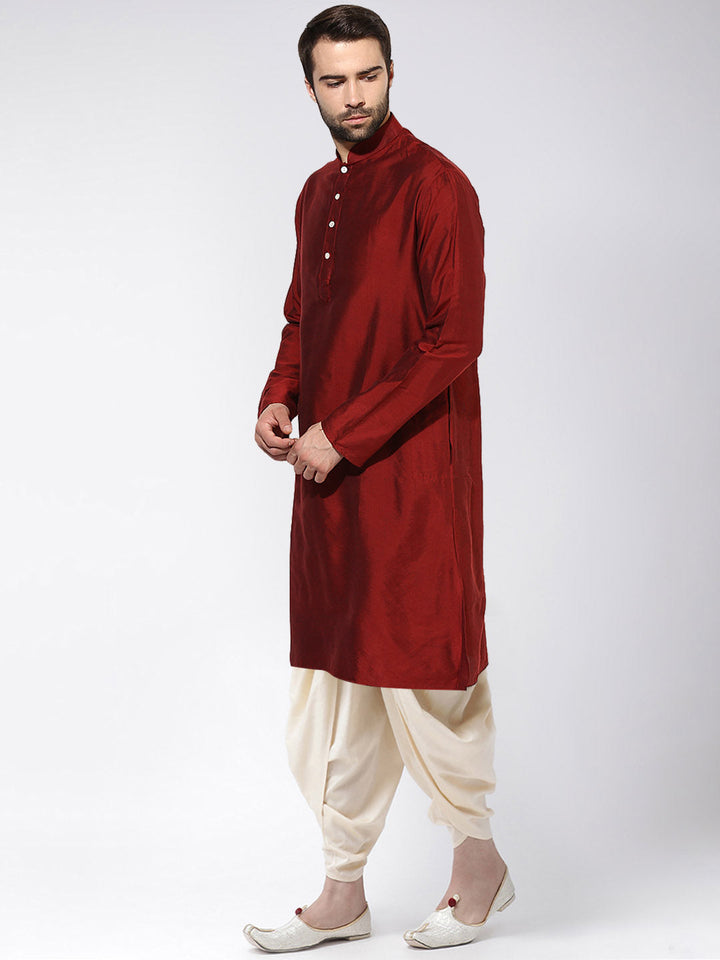 Maroon Silk Blend Solid Long Kurta For Men | SHOBITAM
