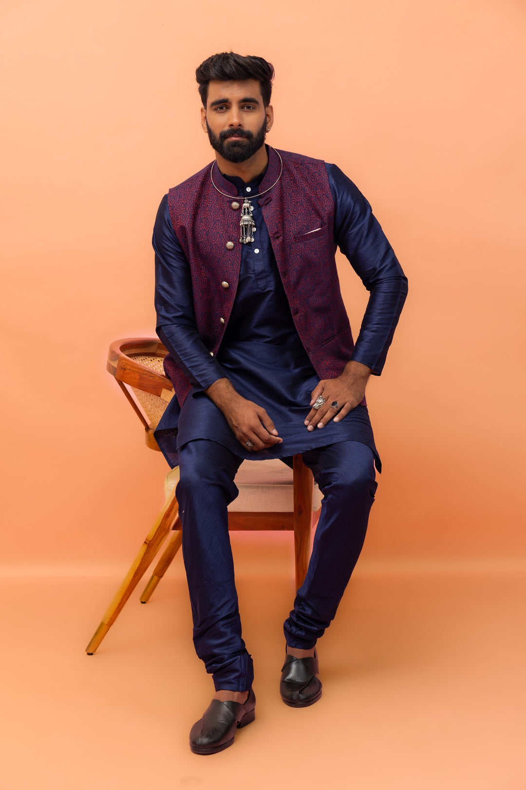 Wine Red Textured Nehru Jacket | SHOBITAM