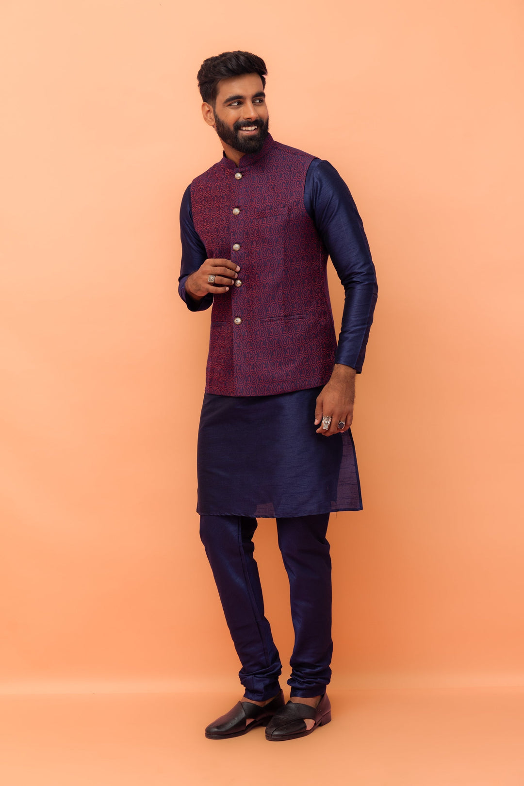 Wine Red Textured Nehru Jacket | SHOBITAM