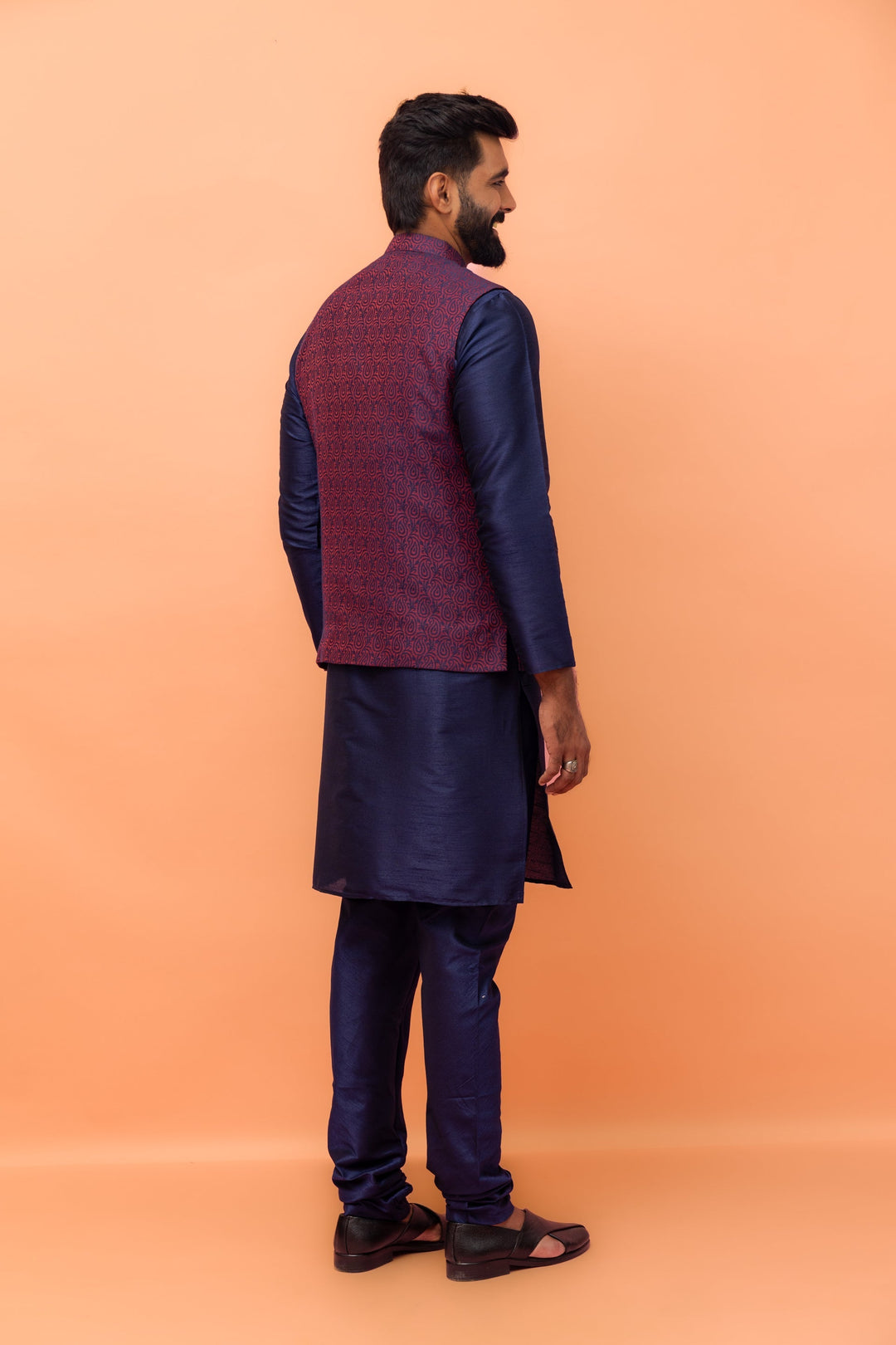 Wine Red Textured Nehru Jacket | SHOBITAM