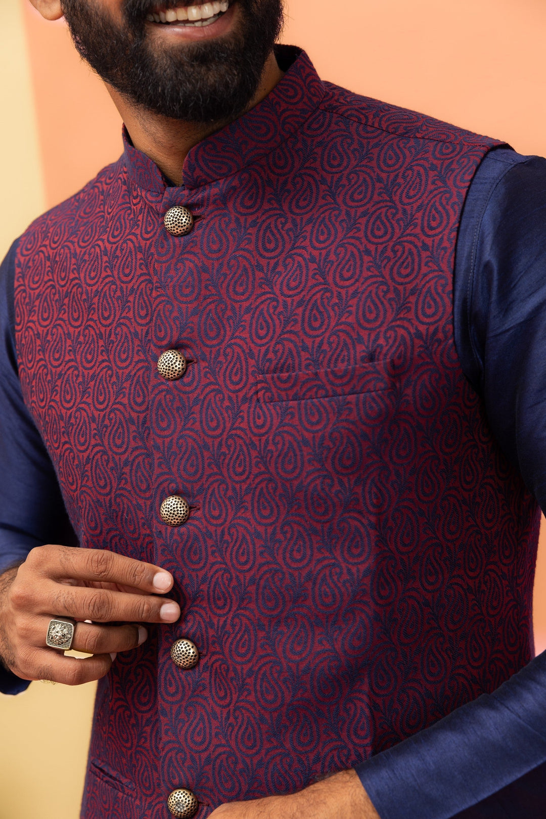 Wine Red Textured Nehru Jacket | SHOBITAM