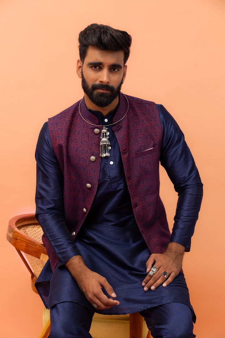 Wine Red Textured Nehru Jacket | SHOBITAM