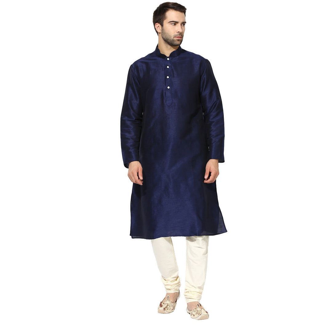 Navy Blue Silk Blend Kurta with White Churidar | SHOBITAM