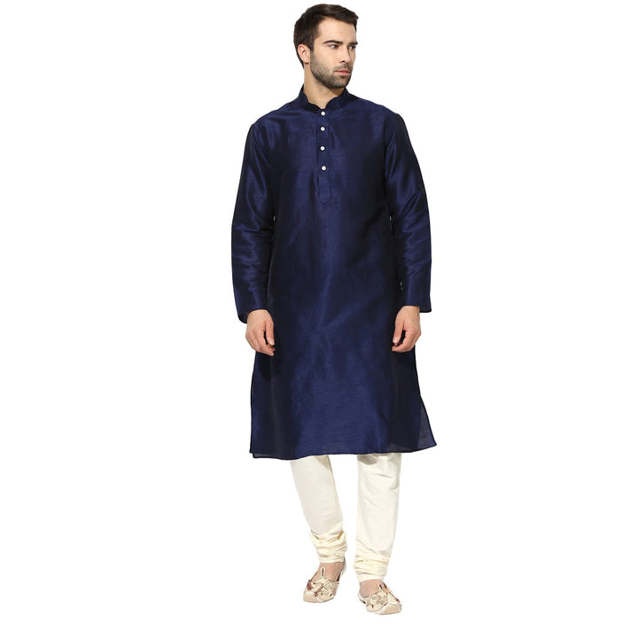 Navy Blue Silk Blend Kurta with White Churidar | SHOBITAM