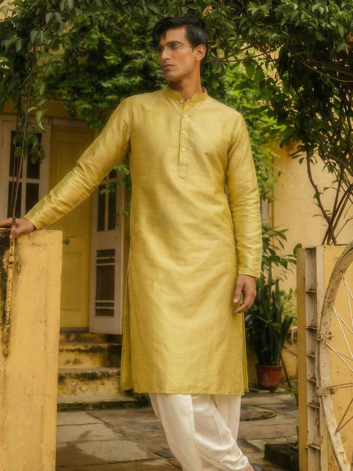 Lime Green Solid Plain Kurta For Men | SHOBITAM