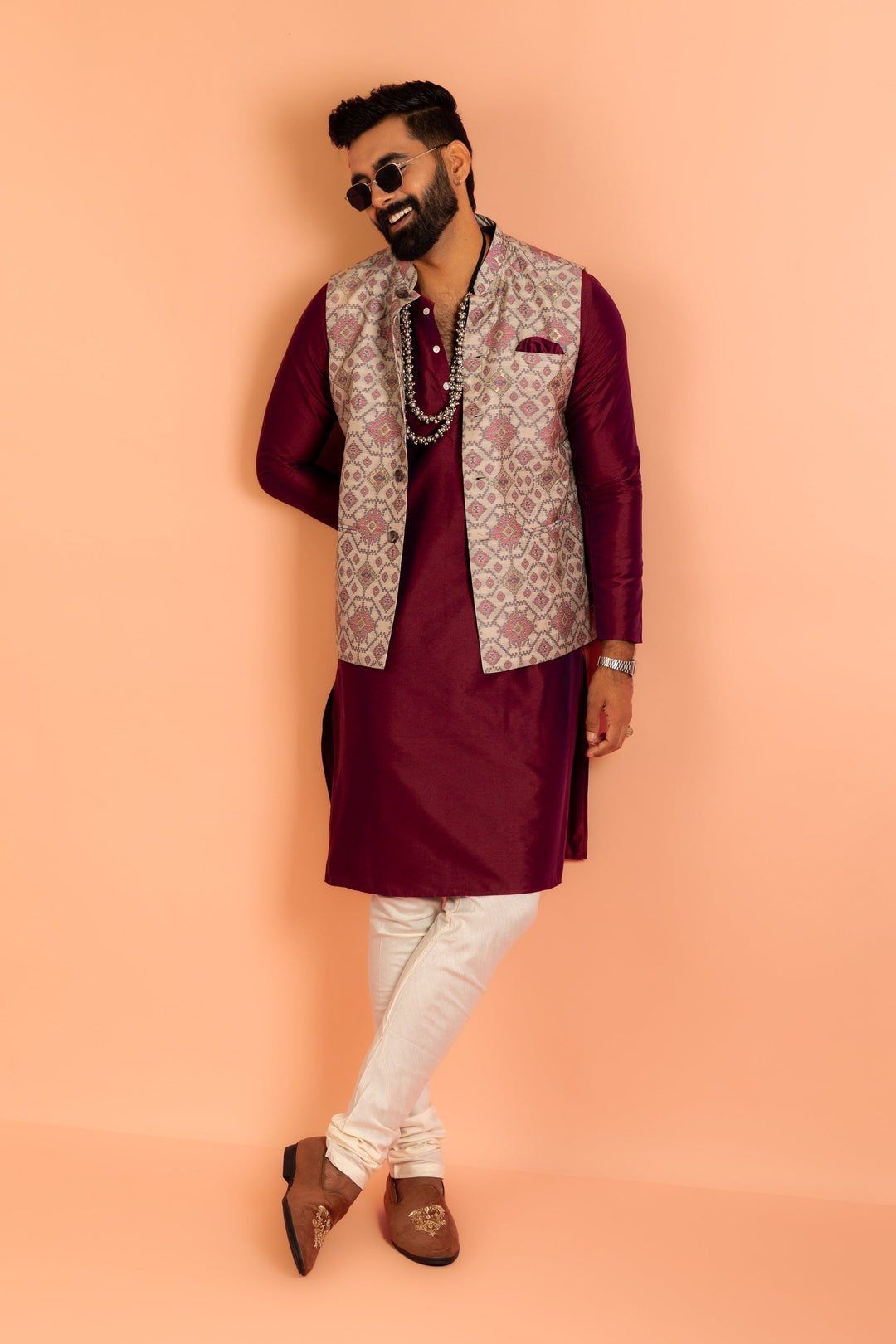 Men Grey Woven Design Nehru Jacket | SHOBITAM