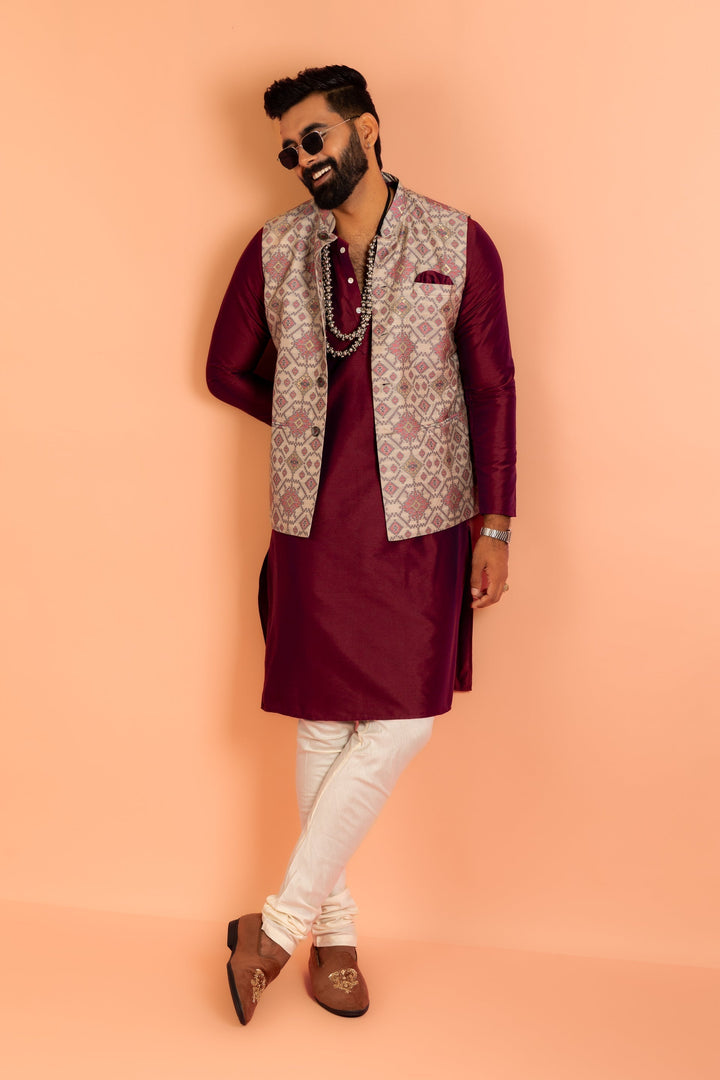 Men Grey Woven Design Nehru Jacket | SHOBITAM