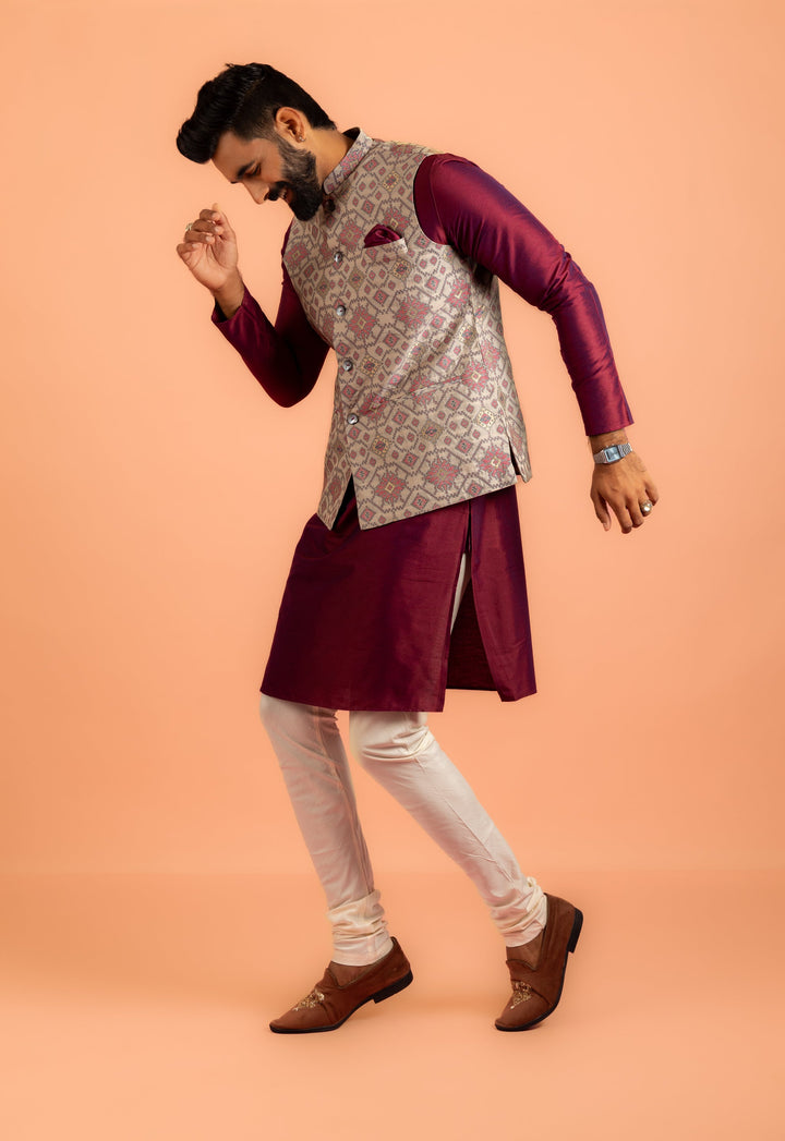 Men Grey Woven Design Nehru Jacket | SHOBITAM