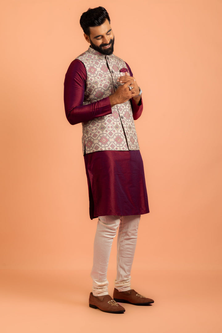 Men Grey Woven Design Nehru Jacket | SHOBITAM