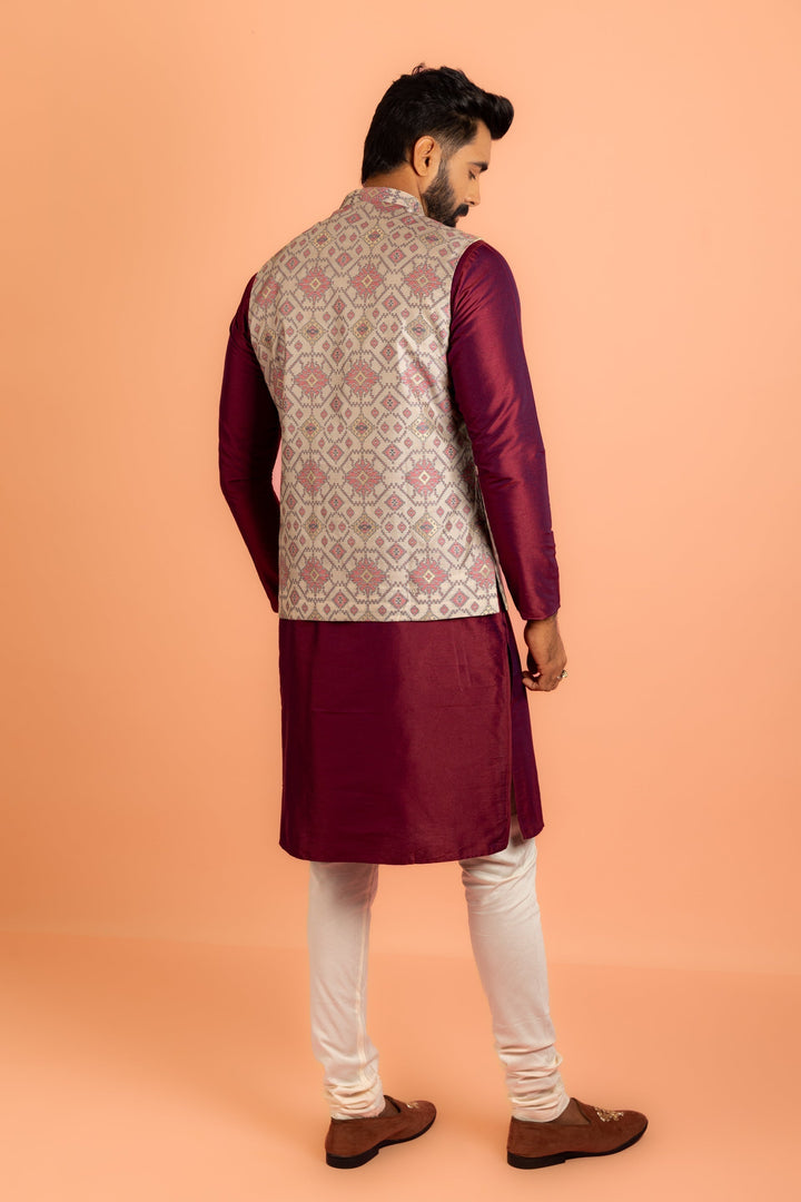 Men Grey Woven Design Nehru Jacket | SHOBITAM