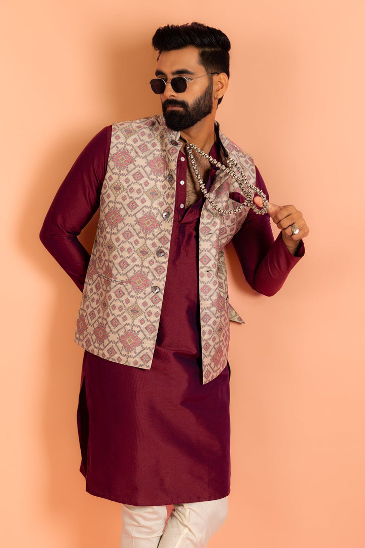 Men Grey Woven Design Nehru Jacket | SHOBITAM