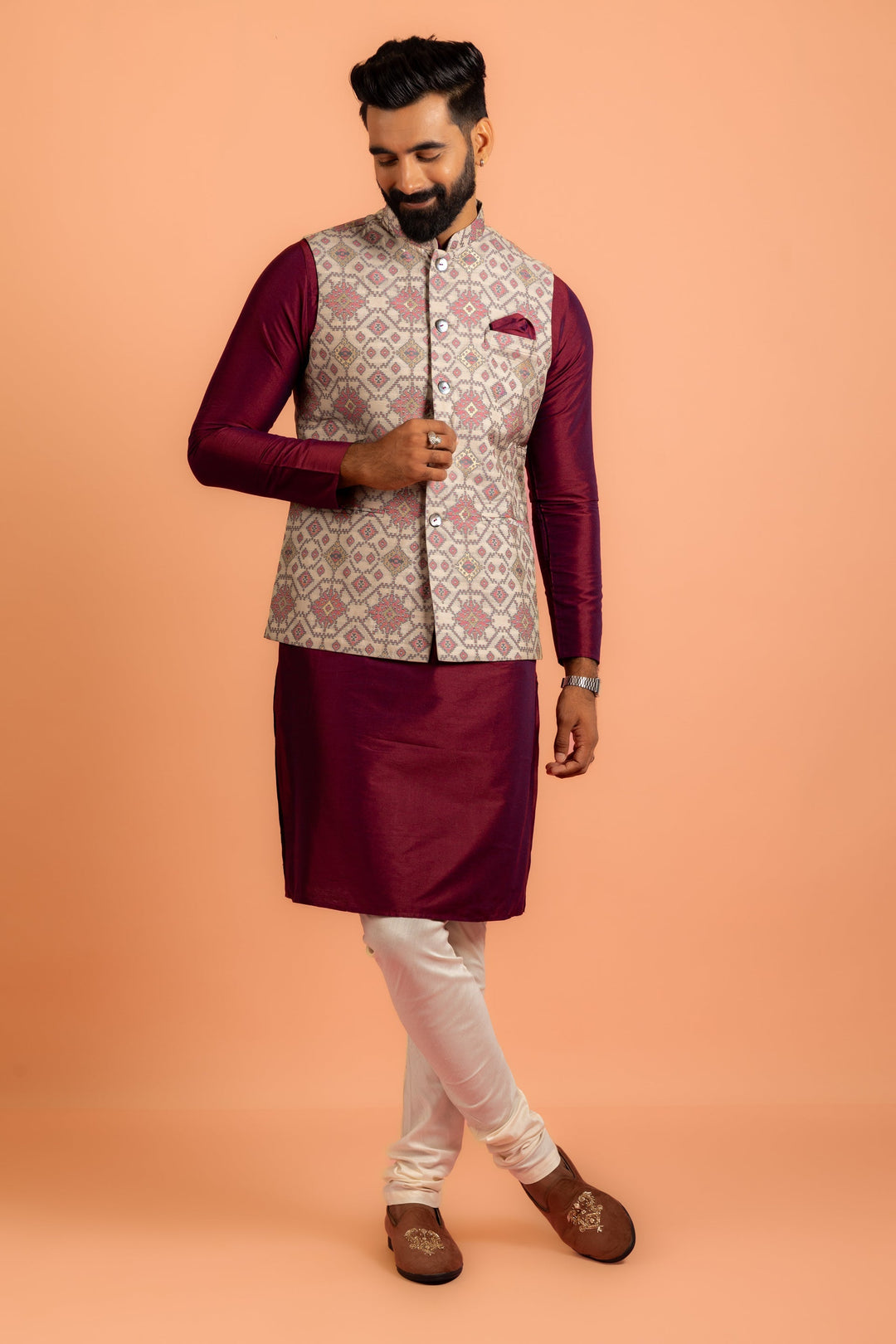 Men Grey Woven Design Nehru Jacket | SHOBITAM