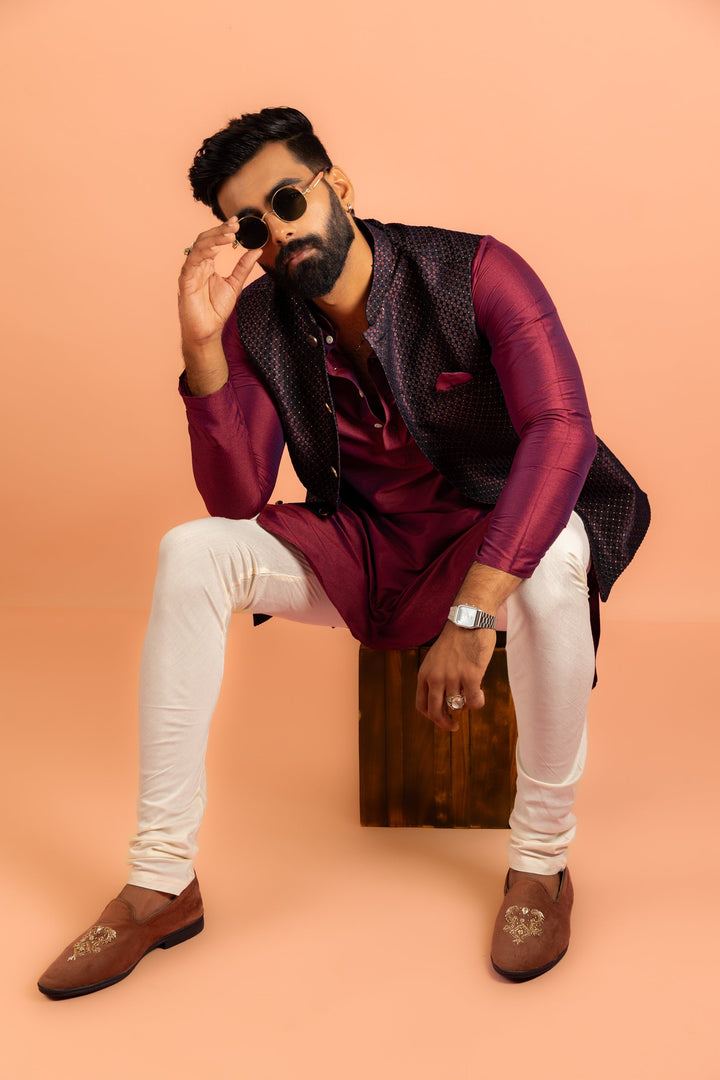 Wine Silk Blend Woven Nehru Jacket Bundi For Men | SHOBITAM