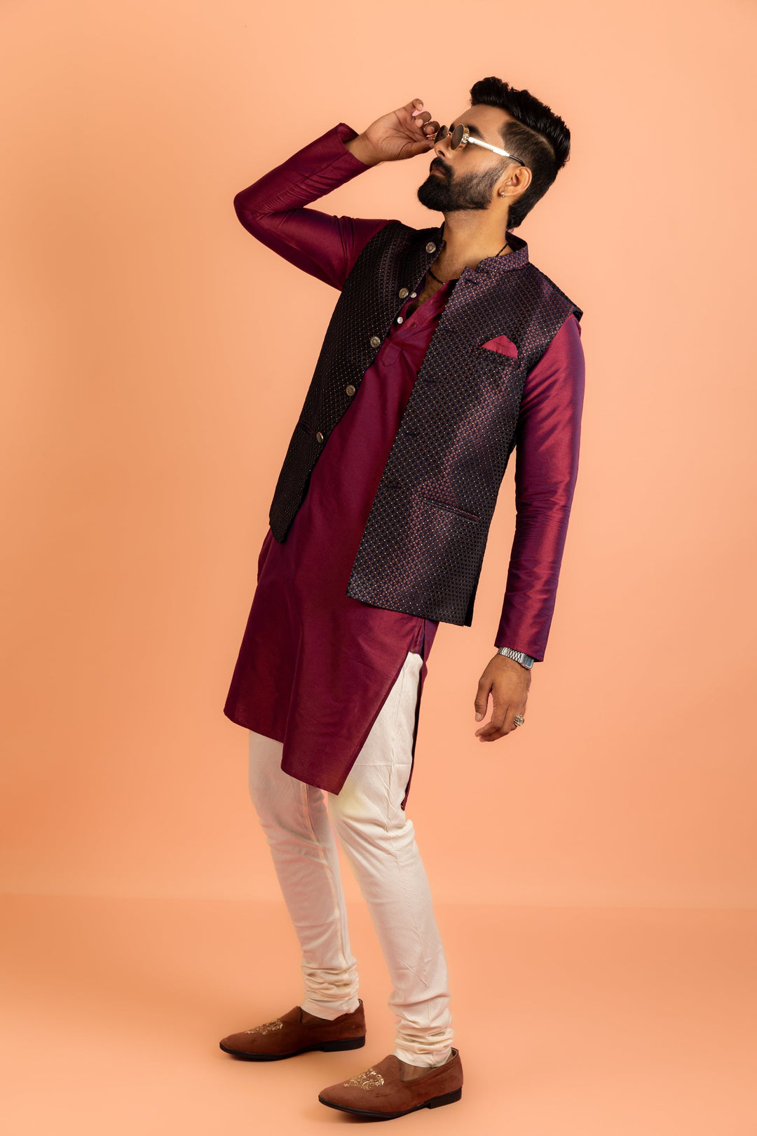 Wine Silk Blend Woven Nehru Jacket Bundi For Men | SHOBITAM