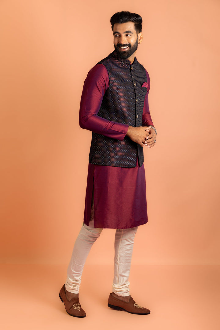 Wine Silk Blend Woven Nehru Jacket Bundi For Men | SHOBITAM
