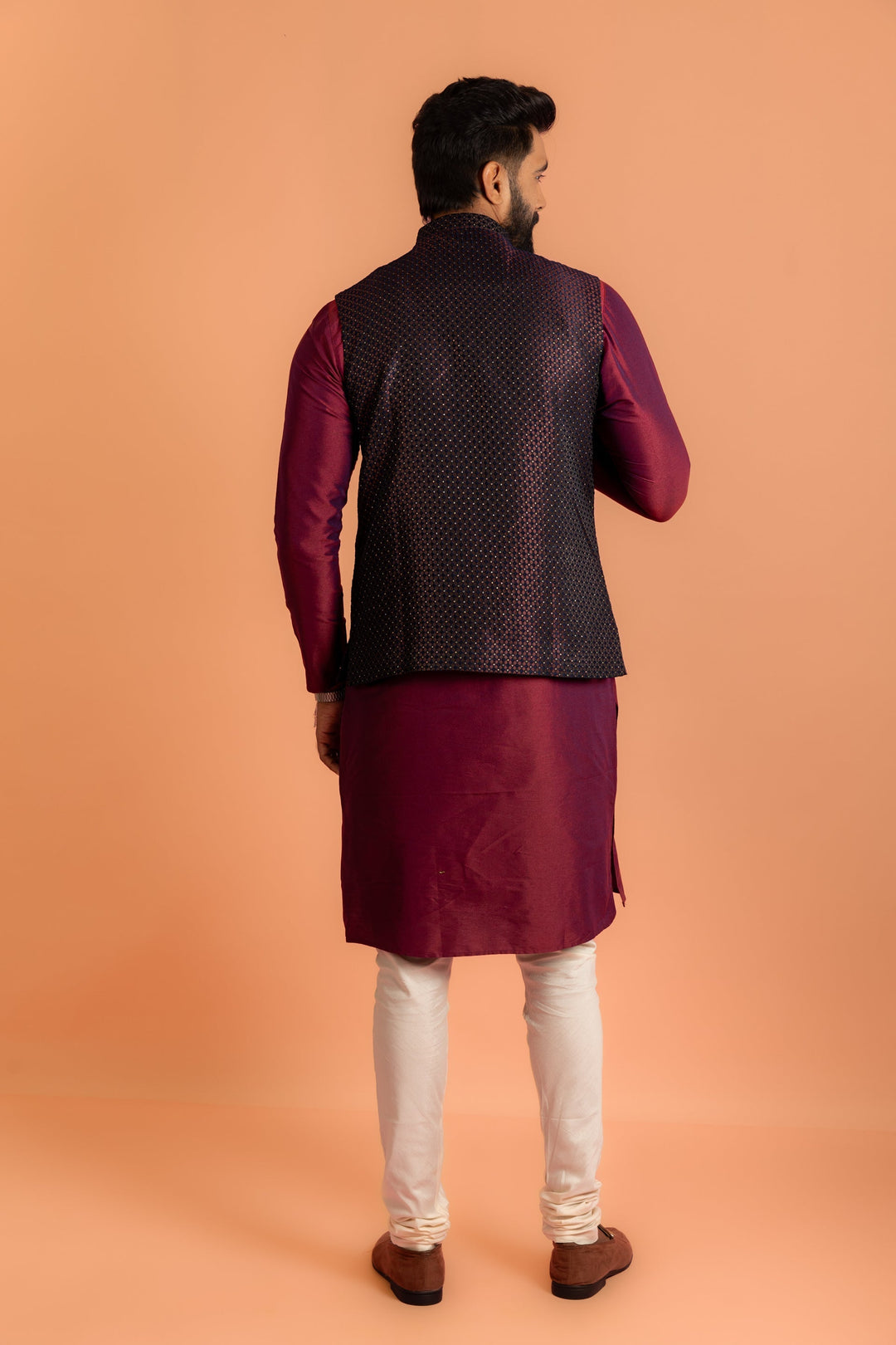 Wine Silk Blend Woven Nehru Jacket Bundi For Men | SHOBITAM