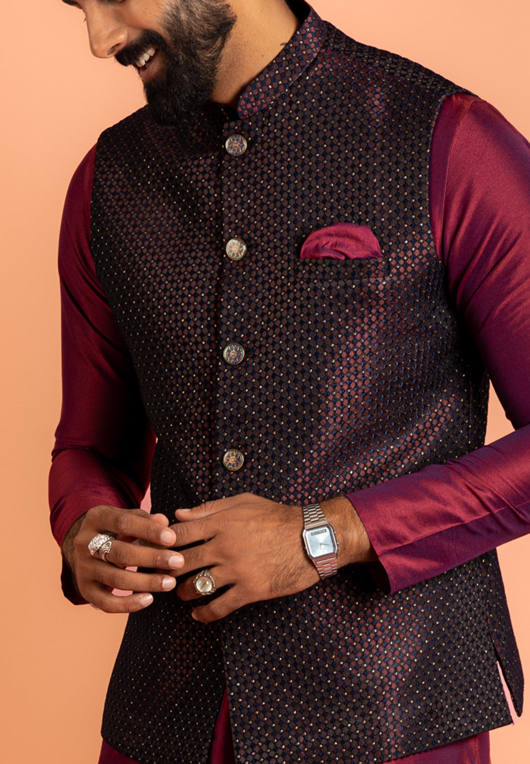 Wine Silk Blend Woven Nehru Jacket Bundi For Men | SHOBITAM
