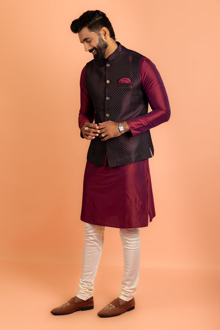 Wine Silk Blend Woven Nehru Jacket Bundi For Men | SHOBITAM