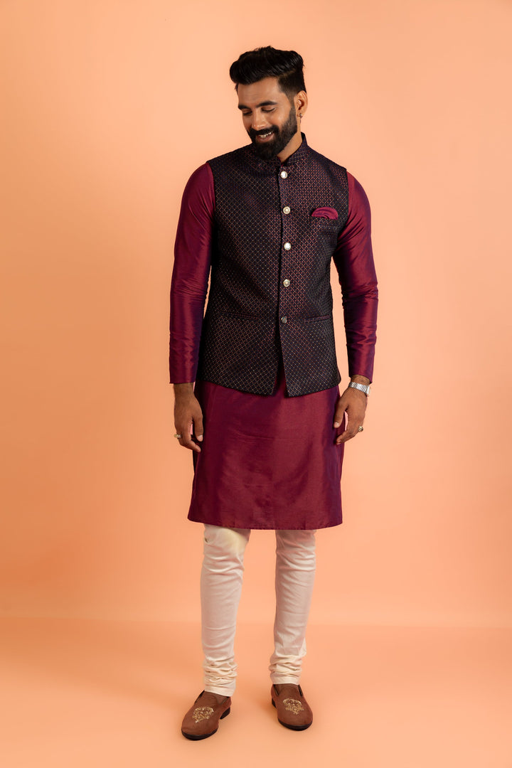 Wine Silk Blend Woven Nehru Jacket Bundi For Men | SHOBITAM