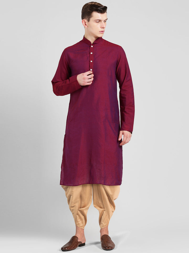 Maroon Blend Solid Kurta Beige Dhoti | SHOBITAM