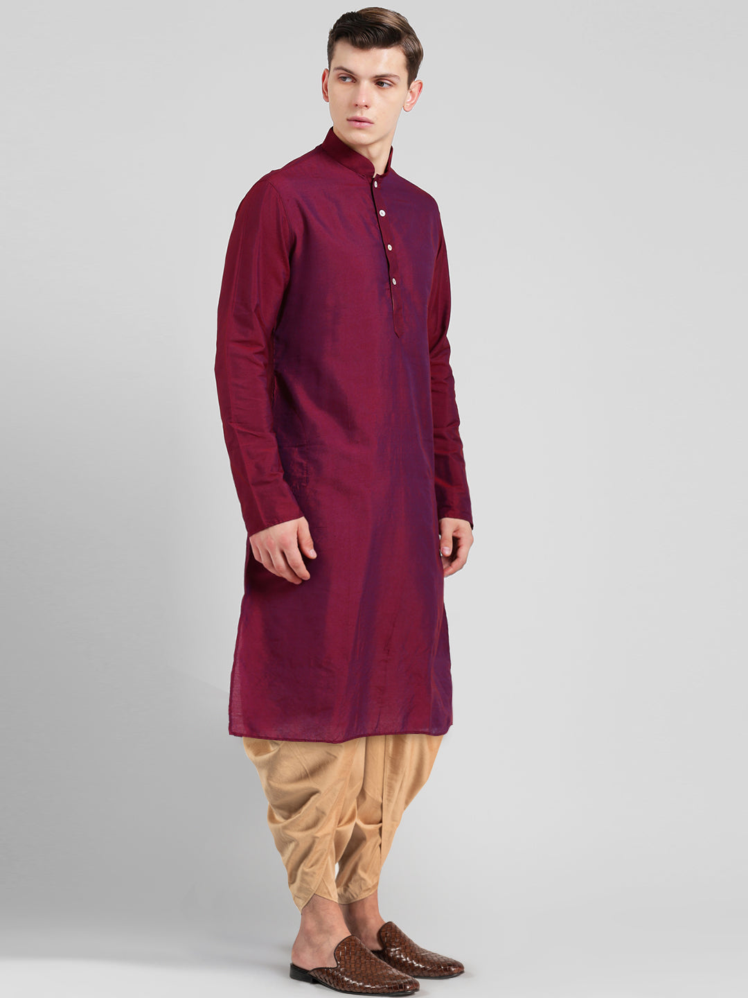 Maroon Blend Solid Kurta Beige Dhoti | SHOBITAM