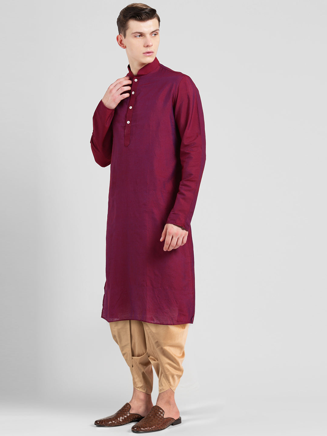 Maroon Blend Solid Kurta Beige Dhoti | SHOBITAM