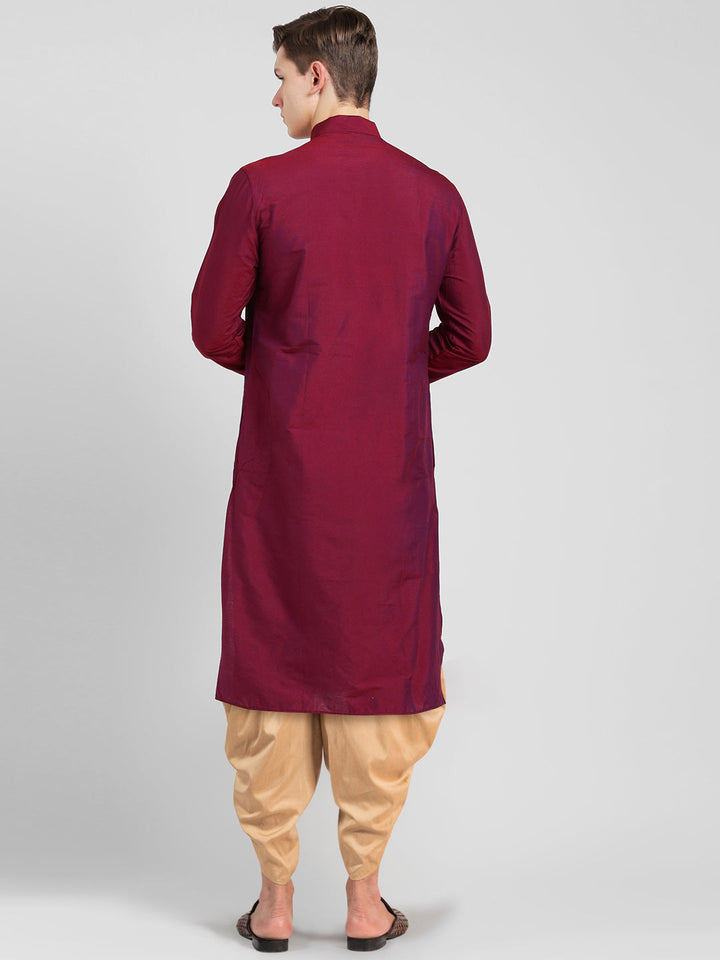 Maroon Blend Solid Kurta Beige Dhoti | SHOBITAM